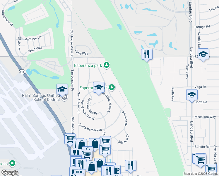 map of restaurants, bars, coffee shops, grocery stores, and more near 30530 San Diego Drive in Cathedral City