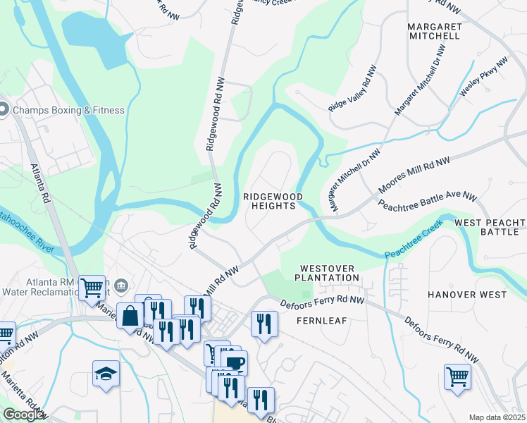 map of restaurants, bars, coffee shops, grocery stores, and more near 2891 Ridgemore Road Northwest in Atlanta
