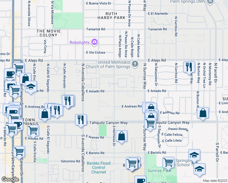 map of restaurants, bars, coffee shops, grocery stores, and more near 295 South Hermosa Drive in Palm Springs