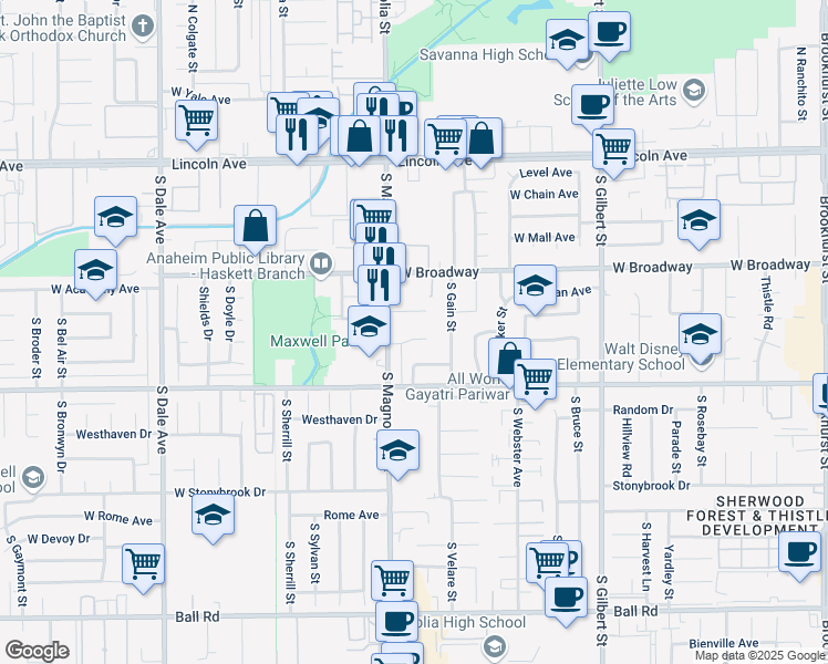 map of restaurants, bars, coffee shops, grocery stores, and more near 2565 West Runyon Place in Anaheim