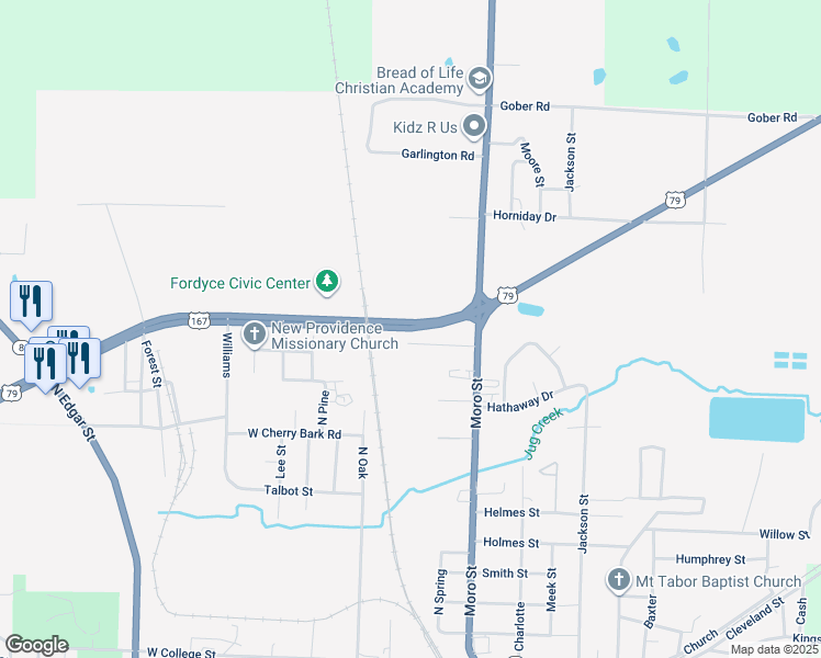 map of restaurants, bars, coffee shops, grocery stores, and more near U.S. 79 in Fordyce