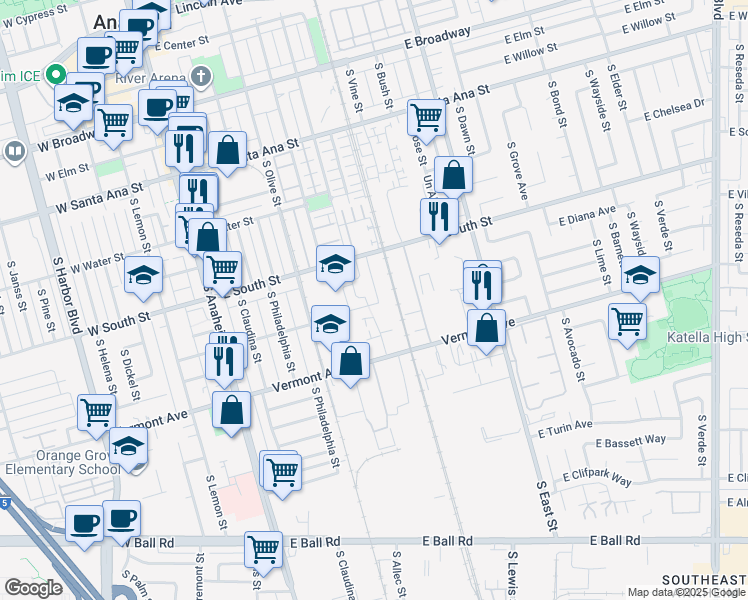 map of restaurants, bars, coffee shops, grocery stores, and more near 868 South Dakota Street in Anaheim