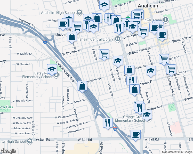 map of restaurants, bars, coffee shops, grocery stores, and more near 559 South Ohio Street in Anaheim