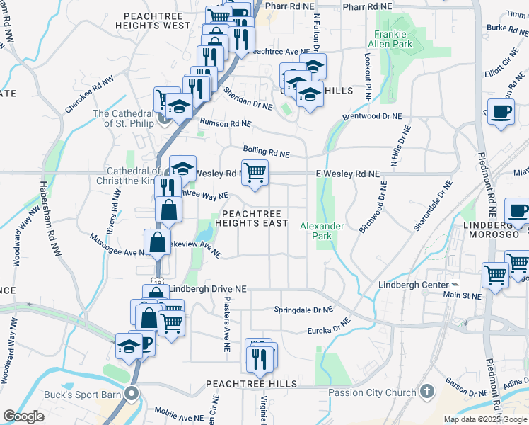 map of restaurants, bars, coffee shops, grocery stores, and more near 195 Peachtree Way Northeast in Atlanta