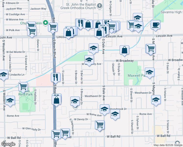 map of restaurants, bars, coffee shops, grocery stores, and more near 2844 West Rowland Circle in Anaheim