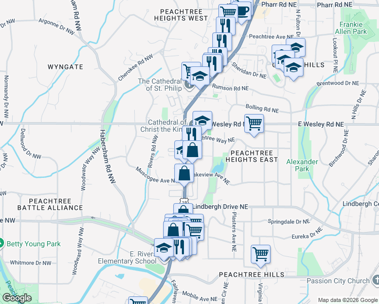map of restaurants, bars, coffee shops, grocery stores, and more near 2637 Peachtree Road in Atlanta