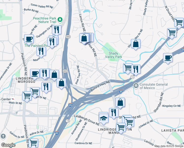 map of restaurants, bars, coffee shops, grocery stores, and more near 2550 Sibley Drive in Atlanta