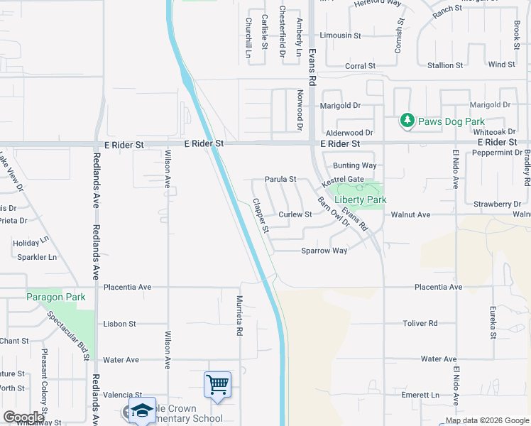 map of restaurants, bars, coffee shops, grocery stores, and more near 3061 Clapper Street in Perris