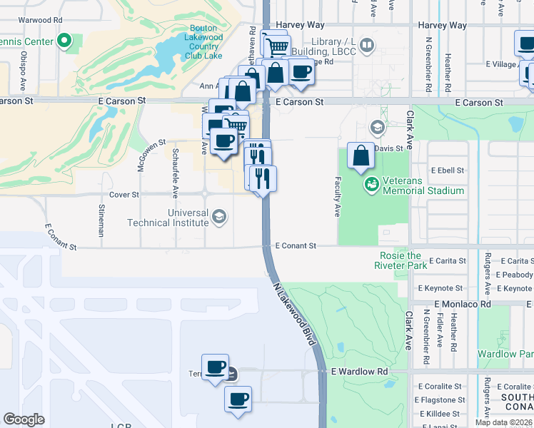 map of restaurants, bars, coffee shops, grocery stores, and more near North Lakewood Boulevard in Long Beach