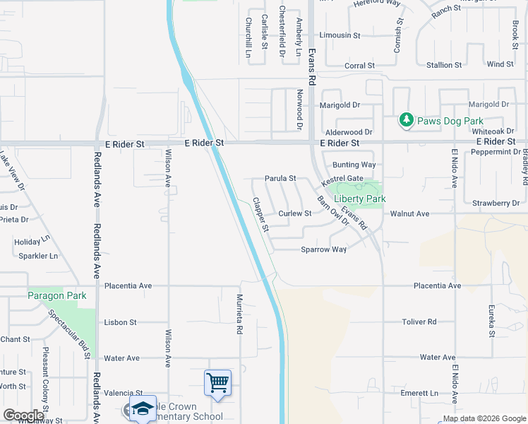 map of restaurants, bars, coffee shops, grocery stores, and more near 3061 Clapper Street in Perris