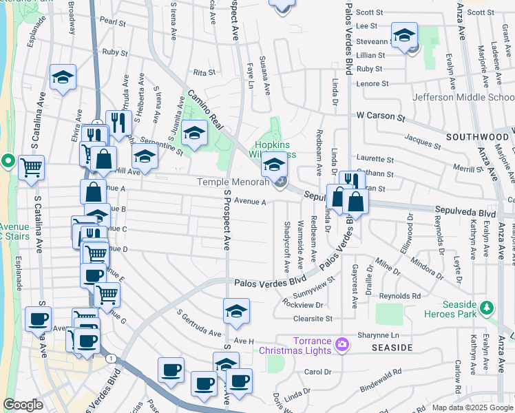 map of restaurants, bars, coffee shops, grocery stores, and more near 1020 Avenue A in Redondo Beach