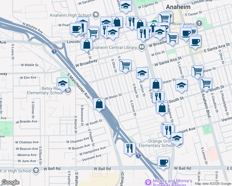 map of restaurants, bars, coffee shops, grocery stores, and more near 559 South Ohio Street in Anaheim