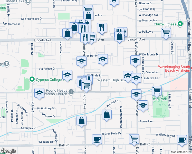 map of restaurants, bars, coffee shops, grocery stores, and more near 3420 West Olinda Lane in Anaheim