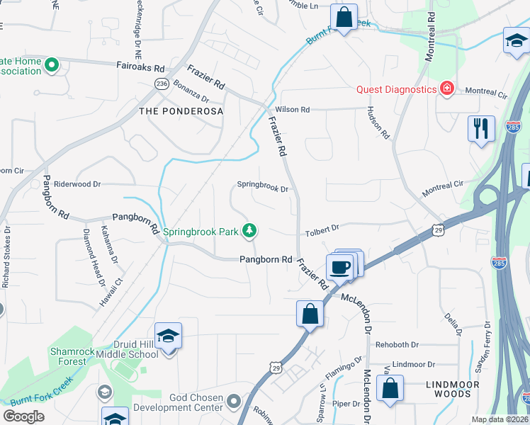 map of restaurants, bars, coffee shops, grocery stores, and more near 1544 Coolwater Court in Decatur