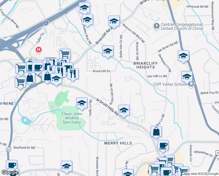 map of restaurants, bars, coffee shops, grocery stores, and more near 1688 Knob Hill Court Northeast in Atlanta