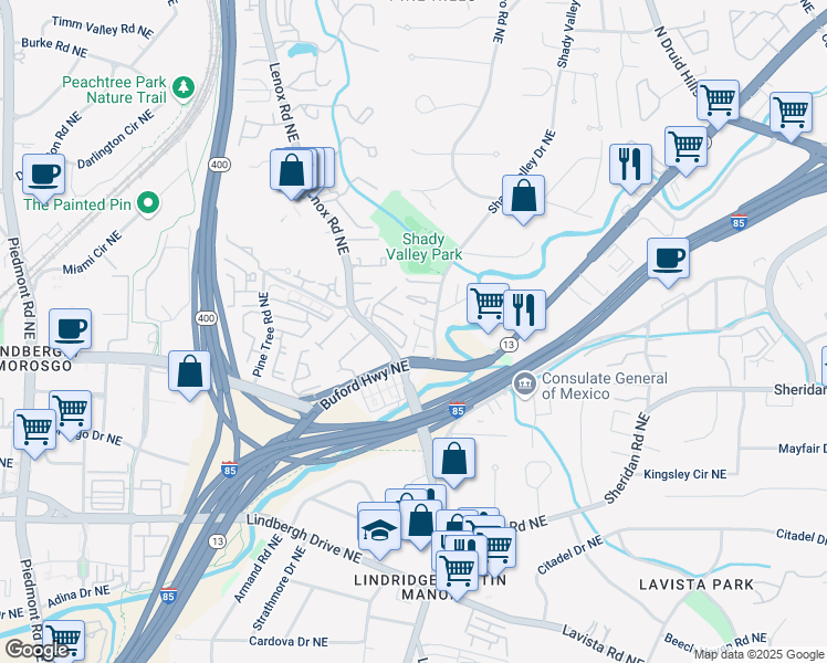 map of restaurants, bars, coffee shops, grocery stores, and more near 860 Stonehill Lane in Atlanta