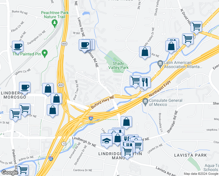 map of restaurants, bars, coffee shops, grocery stores, and more near 858 Stonehill Lane in Atlanta
