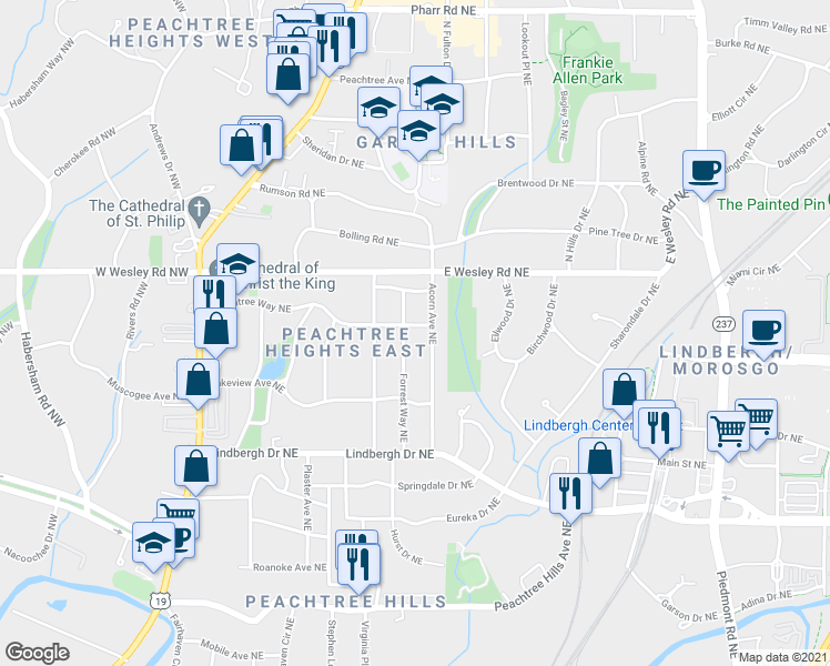 map of restaurants, bars, coffee shops, grocery stores, and more near 257 Peachtree Way Northeast in Atlanta