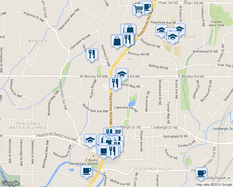 map of restaurants, bars, coffee shops, grocery stores, and more near 2637 Peachtree Road in Atlanta