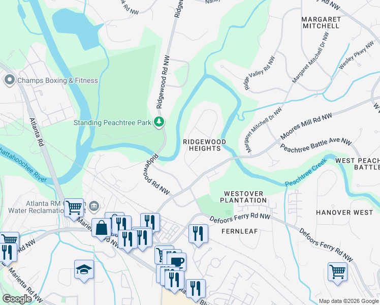 map of restaurants, bars, coffee shops, grocery stores, and more near 2633 Ridgemore Road Northwest in Atlanta