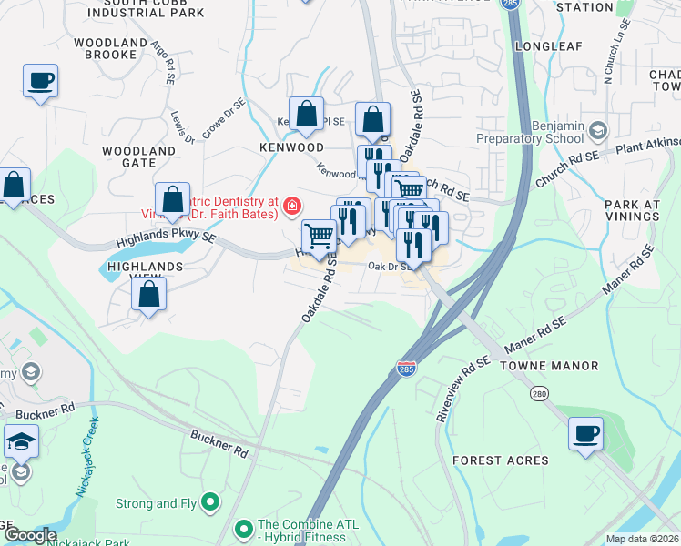 map of restaurants, bars, coffee shops, grocery stores, and more near 5221 Oakdale Road Southeast in Smyrna