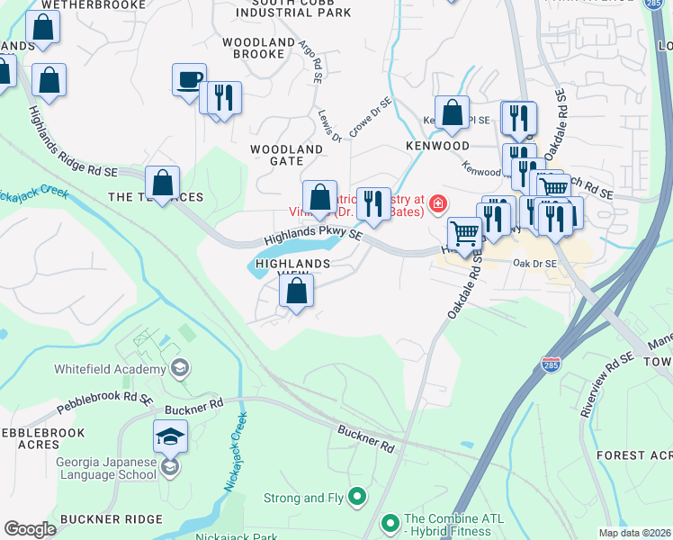 map of restaurants, bars, coffee shops, grocery stores, and more near 1788 Highlands View Drive in Smyrna