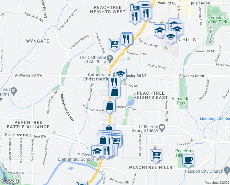 map of restaurants, bars, coffee shops, grocery stores, and more near 2607 Peachtree Road Northwest in Atlanta