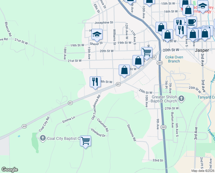 map of restaurants, bars, coffee shops, grocery stores, and more near 1304 Alabama 69 in Jasper