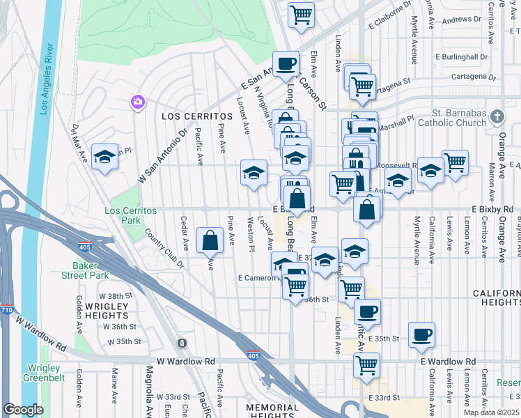 map of restaurants, bars, coffee shops, grocery stores, and more near E Bixby Rd & Locust Ave in Long Beach