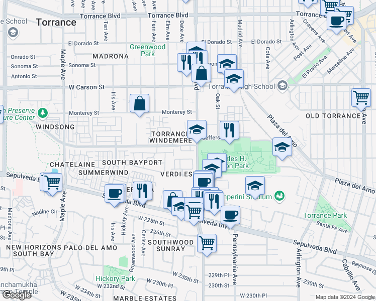 map of restaurants, bars, coffee shops, grocery stores, and more near 2528 Plaza del Amo in Torrance