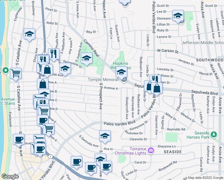 map of restaurants, bars, coffee shops, grocery stores, and more near 1020 Avenue A in Redondo Beach