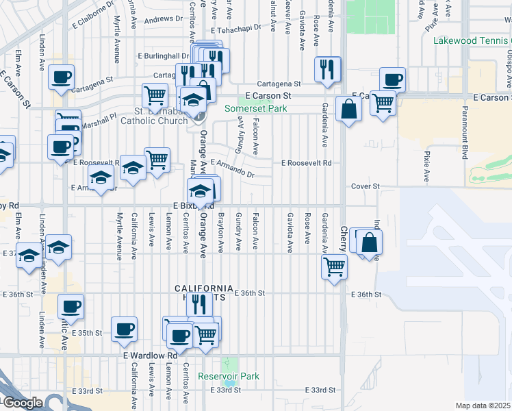 map of restaurants, bars, coffee shops, grocery stores, and more near 4224 Falcon Avenue in Long Beach