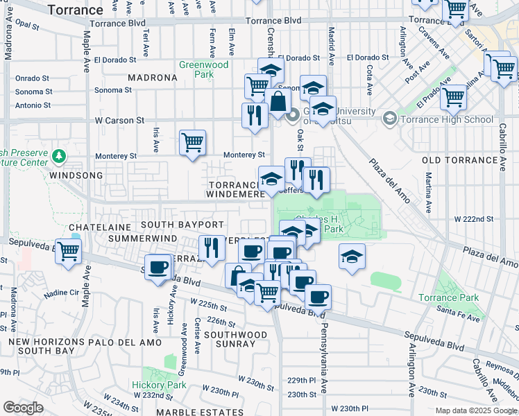 map of restaurants, bars, coffee shops, grocery stores, and more near 2528 Plaza del Amo in Torrance