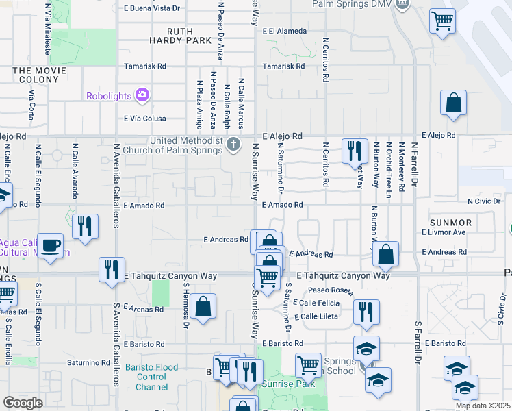 map of restaurants, bars, coffee shops, grocery stores, and more near N Sunrise Way & E Amado Rd in Palm Springs