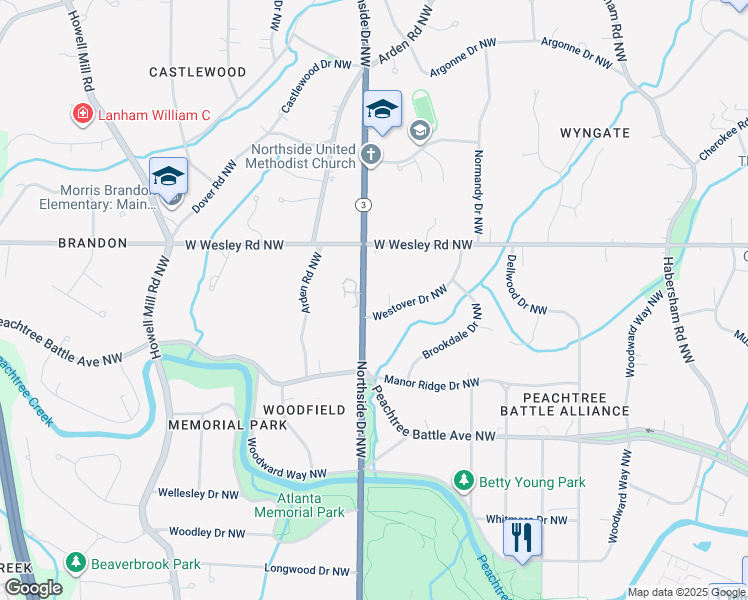 map of restaurants, bars, coffee shops, grocery stores, and more near 2631 Northside Drive Northwest in Atlanta