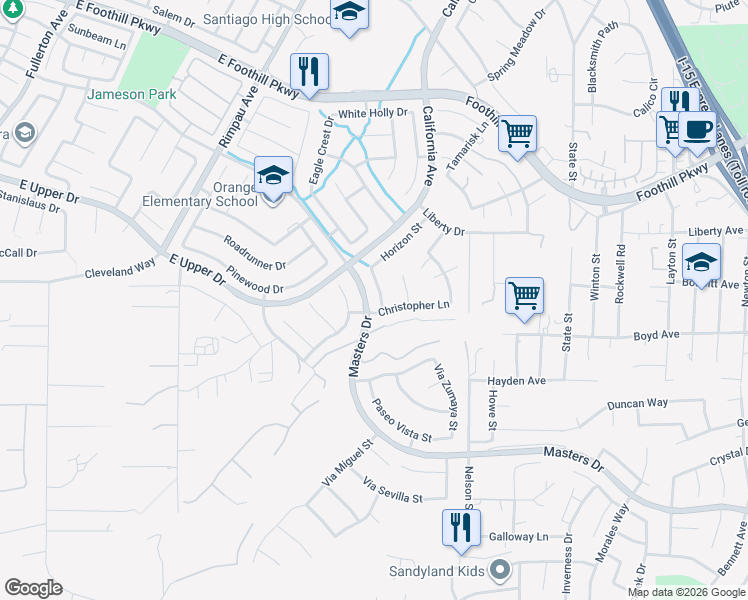 map of restaurants, bars, coffee shops, grocery stores, and more near 1560 Ambersweet Street in Corona