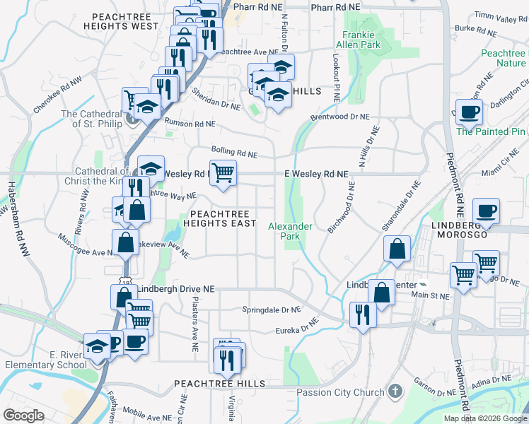 map of restaurants, bars, coffee shops, grocery stores, and more near 257 Peachtree Way Northeast in Atlanta