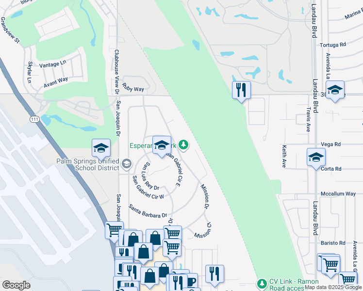 map of restaurants, bars, coffee shops, grocery stores, and more near 30530 San Diego Drive in Cathedral City