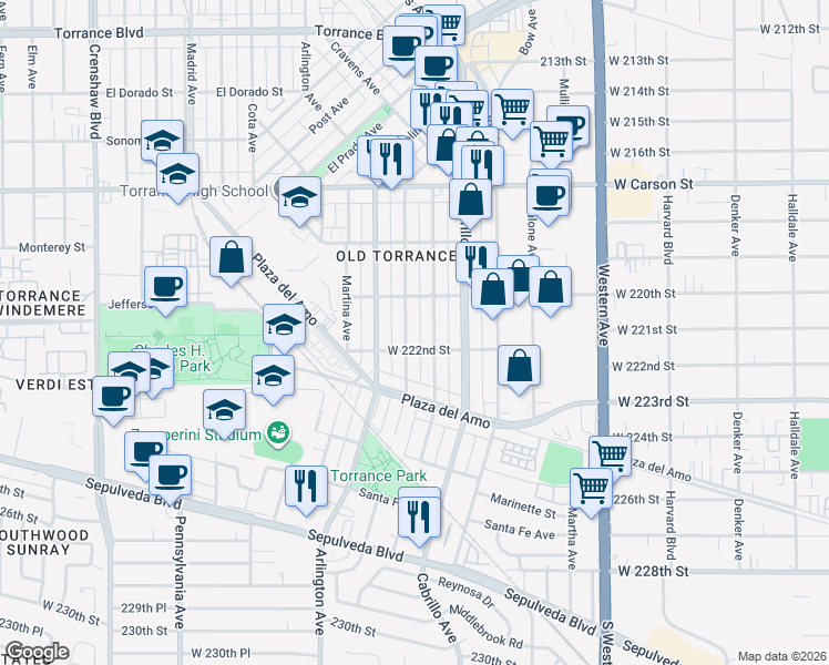 map of restaurants, bars, coffee shops, grocery stores, and more near 2108 Gramercy Avenue in Torrance