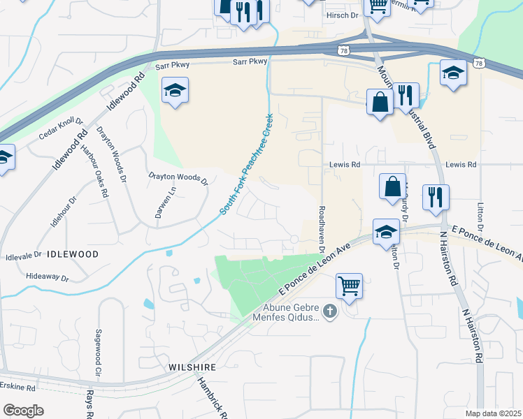 map of restaurants, bars, coffee shops, grocery stores, and more near 1534 Bassett Street in Stone Mountain