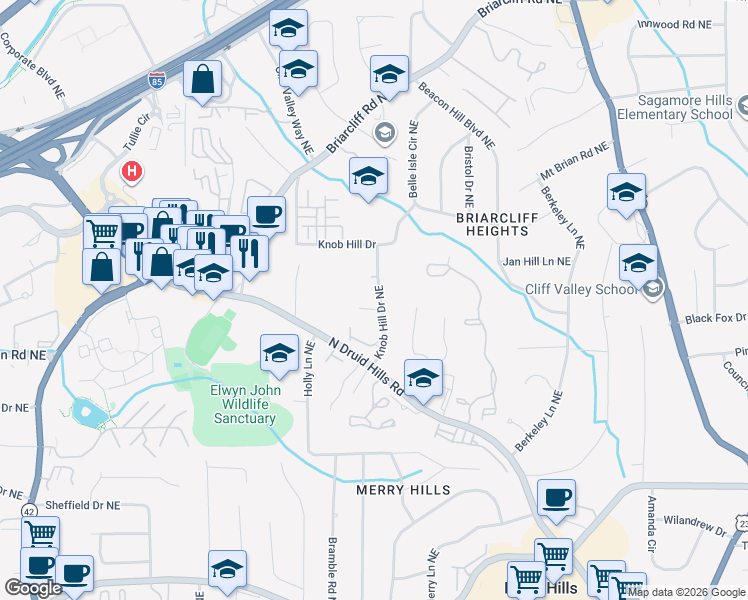 map of restaurants, bars, coffee shops, grocery stores, and more near 1688 Knob Hill Court Northeast in Atlanta