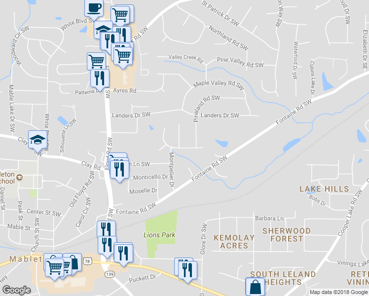 map of restaurants, bars, coffee shops, grocery stores, and more near 458 Pineland Circle in Mableton