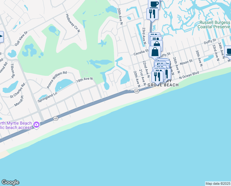 map of restaurants, bars, coffee shops, grocery stores, and more near 1819 South Carolina 65 in North Myrtle Beach