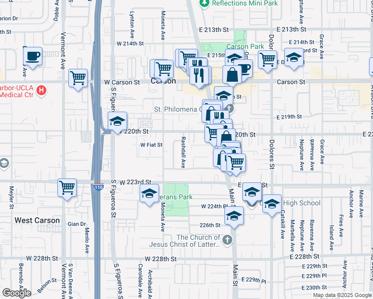 map of restaurants, bars, coffee shops, grocery stores, and more near 22102 Rashdall Avenue in Carson