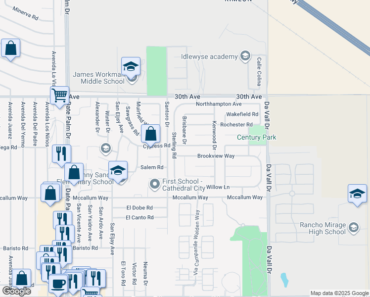 map of restaurants, bars, coffee shops, grocery stores, and more near 69571 Cypress Road in Cathedral City