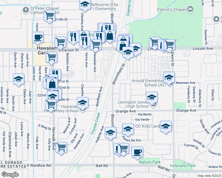 map of restaurants, bars, coffee shops, grocery stores, and more near 22221 Bloomfield Avenue in Cypress