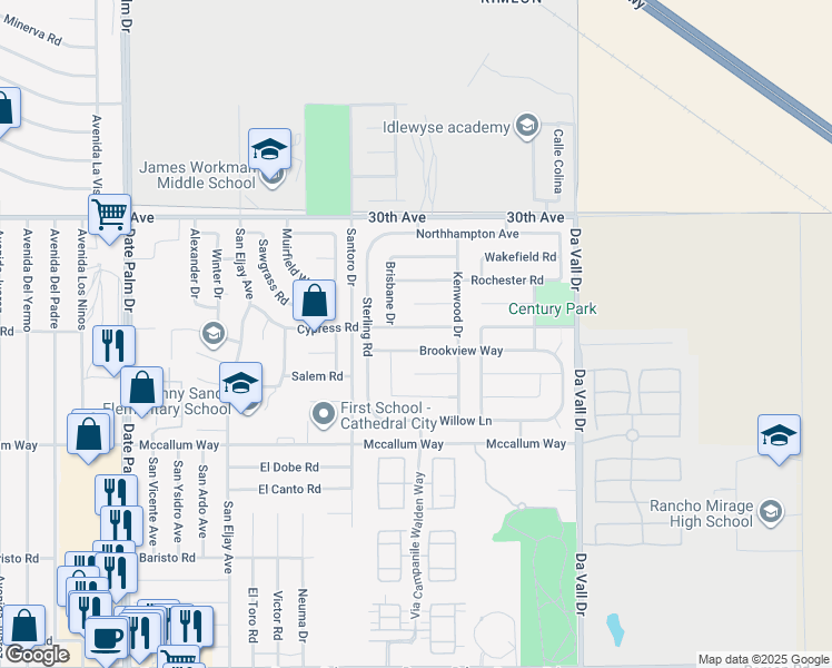 map of restaurants, bars, coffee shops, grocery stores, and more near 69679 Cypress Road in Cathedral City