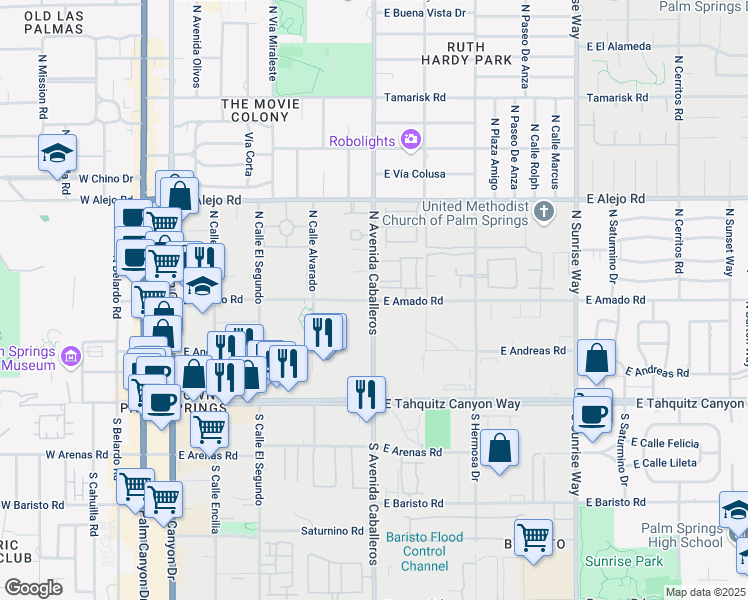 map of restaurants, bars, coffee shops, grocery stores, and more near North Avenida Caballeros & East Amado Road in Palm Springs