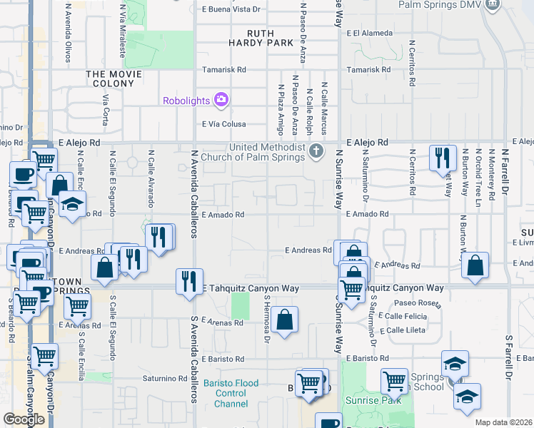 map of restaurants, bars, coffee shops, grocery stores, and more near N Hermosa Dr & E Amado Rd in Palm Springs