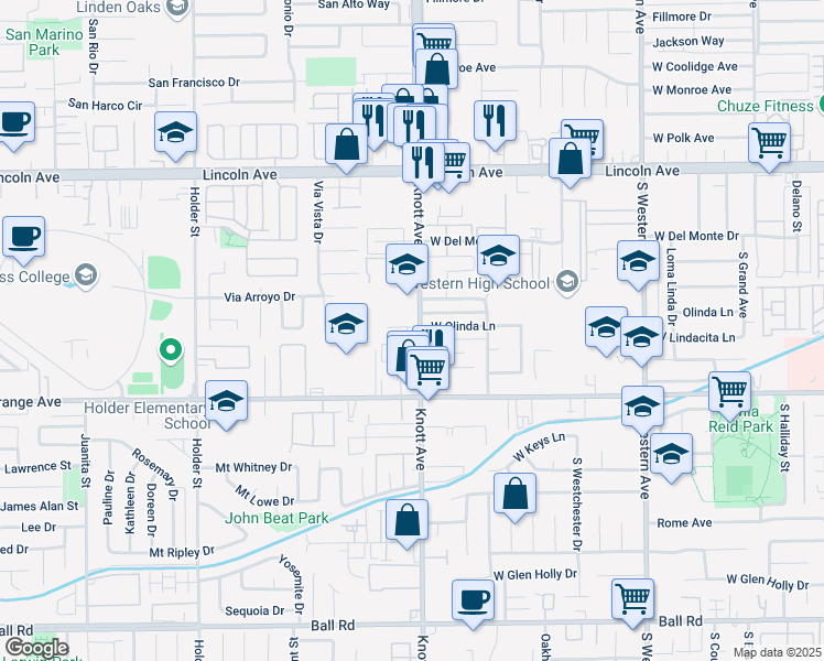 map of restaurants, bars, coffee shops, grocery stores, and more near 401 South Knott Avenue in Anaheim